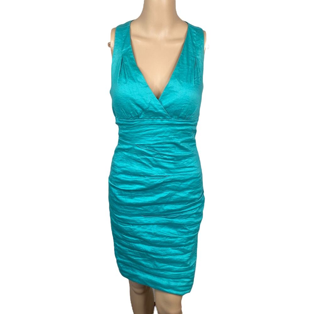 Nicole Miller Turquoise Ruched Sheath Dress 6 | Sexy Bodycon Wedding Guest Mini
